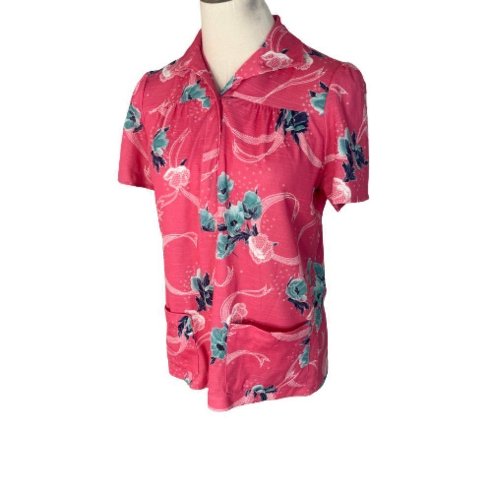 Vintage Trissi M Medium Top Shirt Pink Floral Stretch Knit